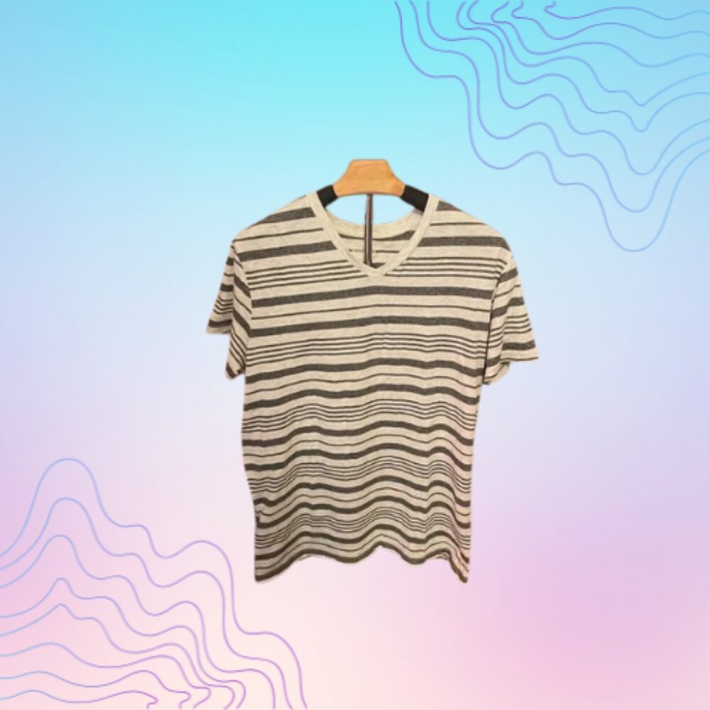 MOSSIMO SUPPLY CO. Gray Black Striped V-Neck T-Shirt Tee Size L